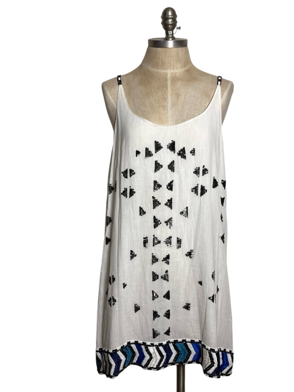 Free People Beaded Sequin Slip Dress Tunic Ivory Boho Festival Mini Size L